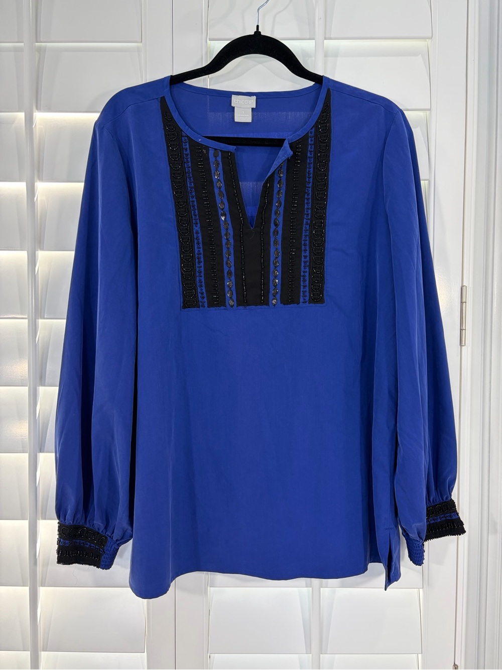Chico's Cobalt Blue Beaded V-Notch Blouse (1) - Picture 2 of 12